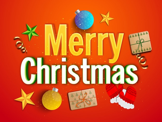 Vector merry christmas celebrations background with xmas ball, star and santa hat on red background