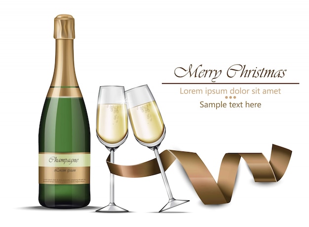 Vector merry christmas-champagnefles en glazen