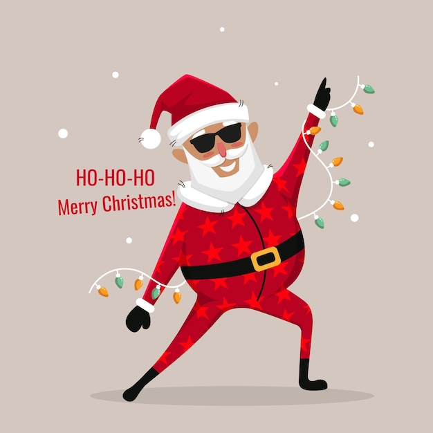 Premium Vector  Merry christmas character santa claus in glasses with  garland and text ho ho ho and merry christmas