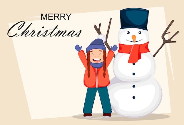 Merry Christmas. Cheerful girl in Santa Claus hat playing with snowman