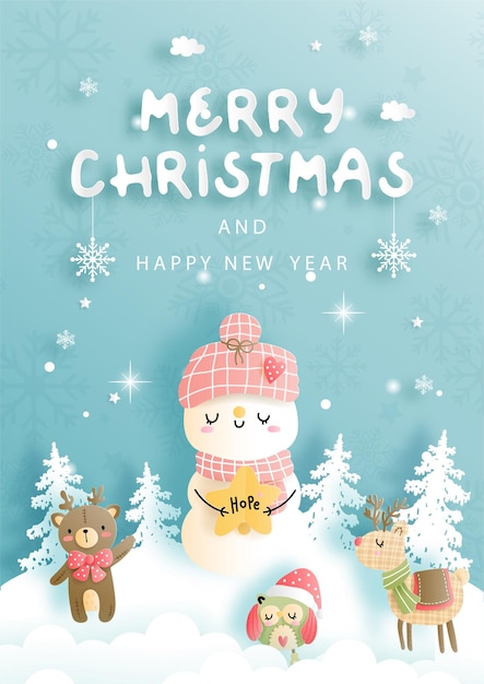 Merry christmas, christmas card with vintage snowman.