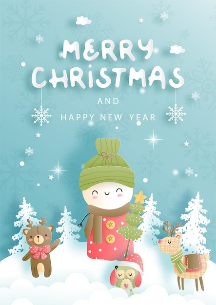 Merry christmas, christmas card with vintage snowman.