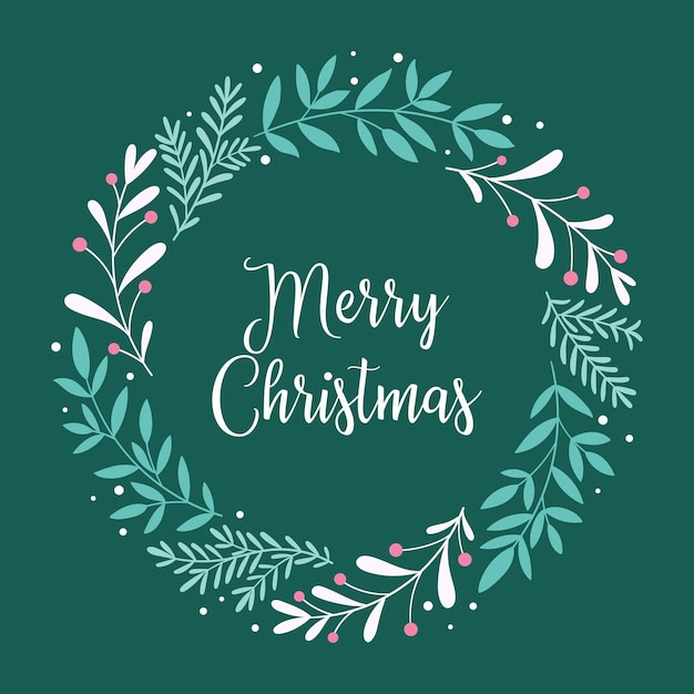 Merry Christmas. Christmas card with a wreath of branches, berries and an inscription with in the Scandinavian style. Background for banner, print, poster, postcard. Vector illustration.