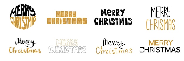 Collezione merry christmas di testo scritto a mano set tipografico disegno di testo con emblemi del logo vettoriale