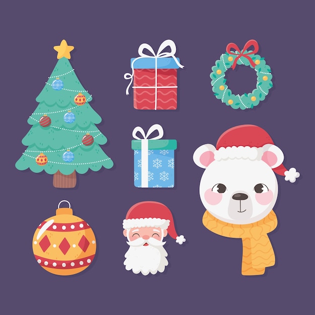 Merry christmas collection icons bear tree gift wreath and santa face illustration