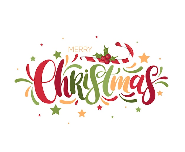 Merry Christmas colorful hand drawn lettering with mistletoe isolated on white. Vector illustration. Christmas lettering