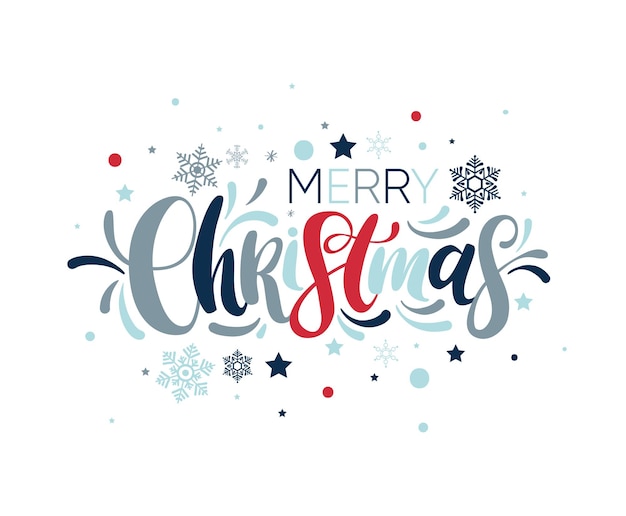 Merry christmas colorful hand drawn lettering with mistletoe isolated on white. vector illustration. christmas lettering