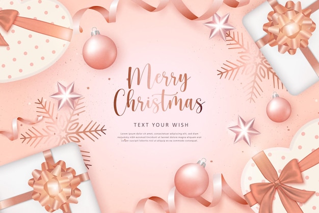 メリー クリスマス コンポジション 3 d realisti ギフト ボックス ピンク リボン雪のフレークと装飾つまらないボール星の装飾品