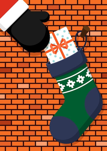 ベクトル 靴下フラットデザインスタイルのギフトボックスで装飾的なメリークリスマスのコンセプト。デザイン要素は、グリーティングカード、ポストカード、背景、パンフレット、出版物、ベクトルイラストに使用できます