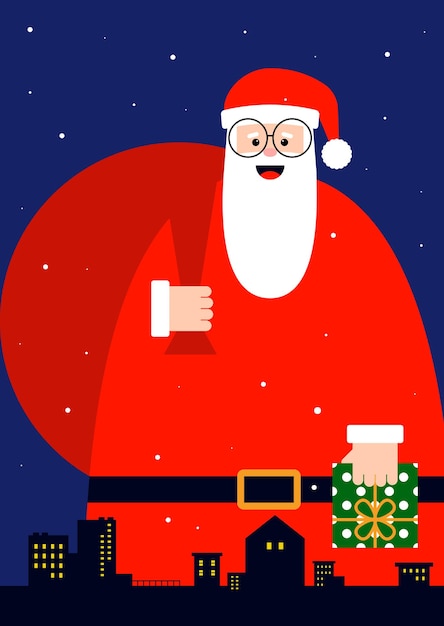 Merry christmas concept decorative with santa claus holding bag of gift box. design element can be used for greeting card, postcard, backdrop, brochure, publication, vector illustration