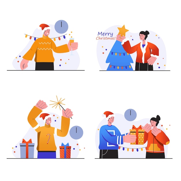 メリークリスマスのコンセプトシーンは、人々がクリスマスツリーを与えることで休日を元気に祝うように設定します