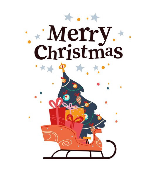 С рождеством христовым дизайн поздравительной открытки с санями, полными рождественских подарков и украшенной елкой, изолированной. векторная иллюстрация плоский мультфильм. для баннеров, приглашений, упаковки, флаеров.