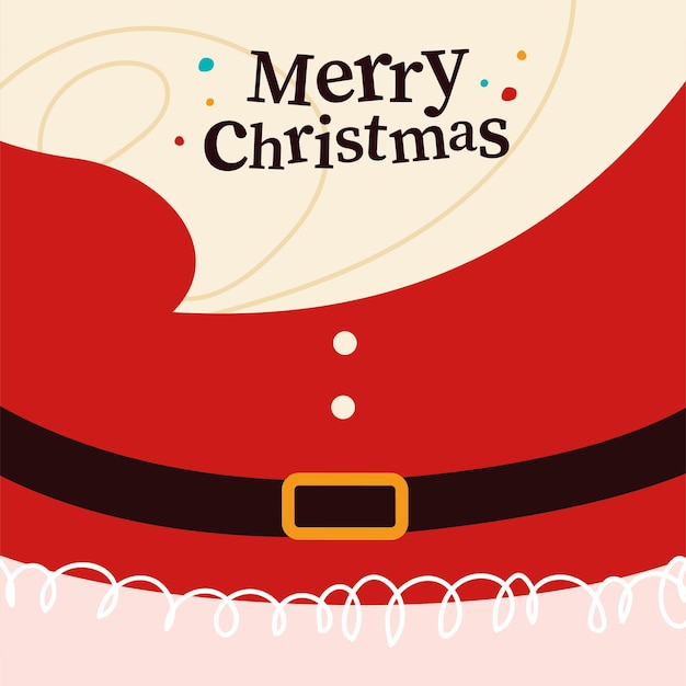 Vector merry christmas congratulation card with santa claus beard, belt and red costume on background. vector flat cartoon illustration. for christmas cards, banners, stickers, tags, packaging etc.