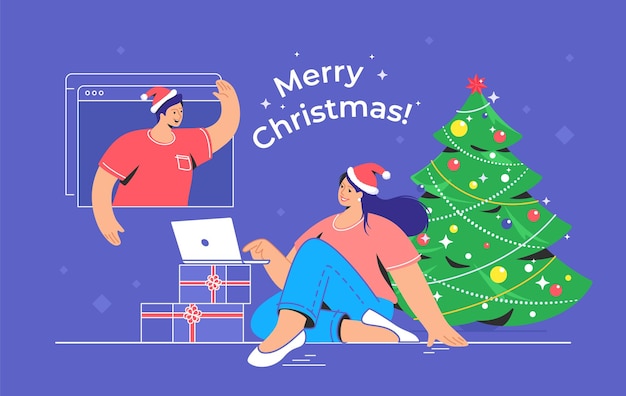 Merry Christmas congratulation via video call. Concept vector illustration of young woman sitting with laptop near xmas tree and talking to her friend via video call. Online holiday greetings