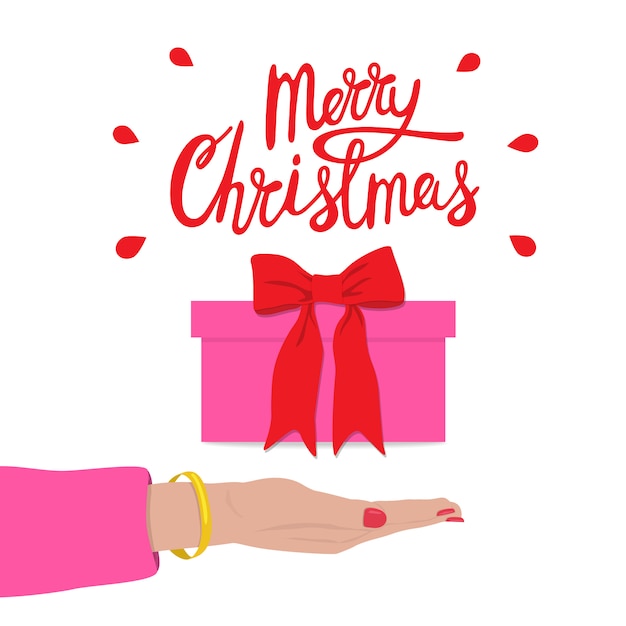 Vector merry christmas congratulation with gift box and female hand. holiday sale