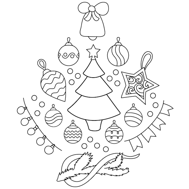 Merry christmas contour set met kerstboom speelgoed slingers tak Drawn doodle set vector