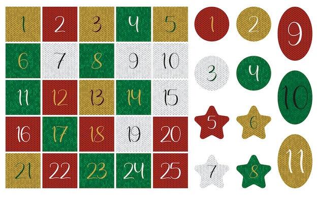 Merry Christmas countdown simple stickers or patches Holiday vector graphic with number 1 to 25