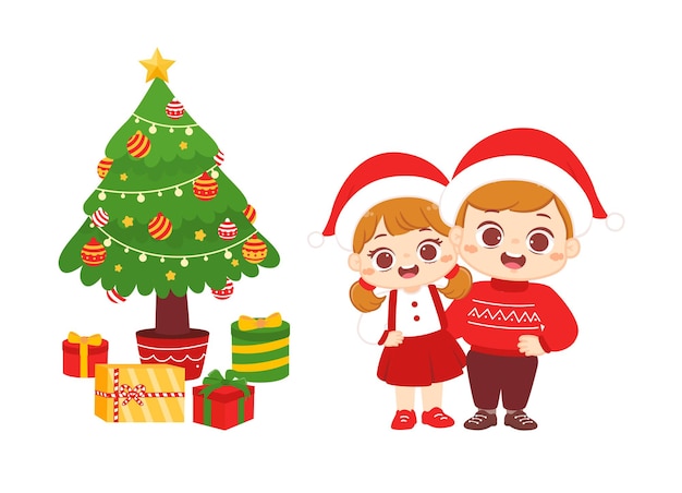 Merry christmas couple with present and christmas tree flat cartoon