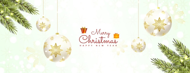 Merry christmas creative new banner design with ball and green leaves