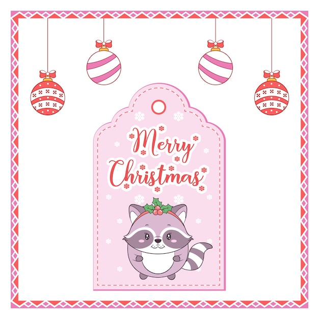Merry Christmas cute animal drawing tag card with coloring ornaments and candy frame
