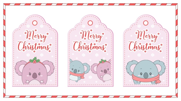 Merry Christmas cute animals drawing tag cards with snowflake and candy frame