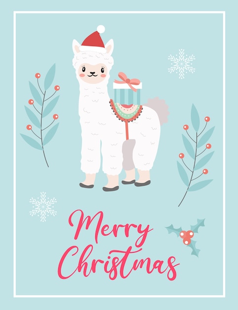 Merry christmas cute card with llama alpaca in santa hat. winter holidays new year template