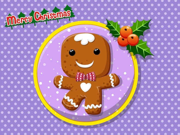 Vettore buon natale simpatico cartone animato gingerbread man cookie su uno sfondo colorato. felice anno nuovo e elemento di decorazione. illustrazione vettoriale.