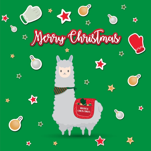 Vector merry christmas cute cartoon handrawn alpaca