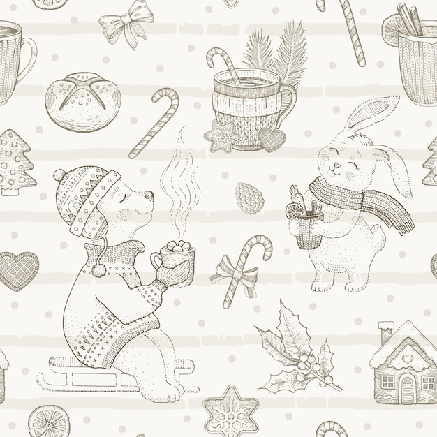 Buon natale carino dessert seamless pattern. animale di doodle. schizzo invernale vintage.