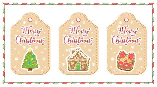 Merry christmas cute elements drawing tag cards christmas tree, gingerbread house and gift box