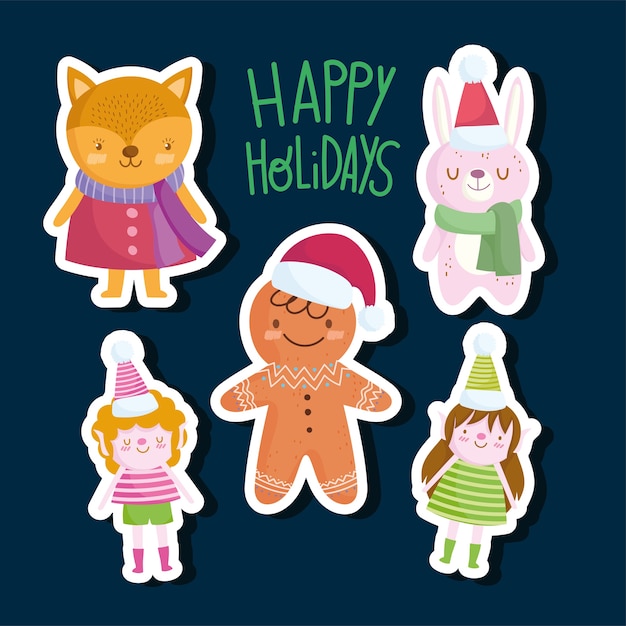 Merry christmas, cute female fox helper and bunny stickers cartoon icons illustration