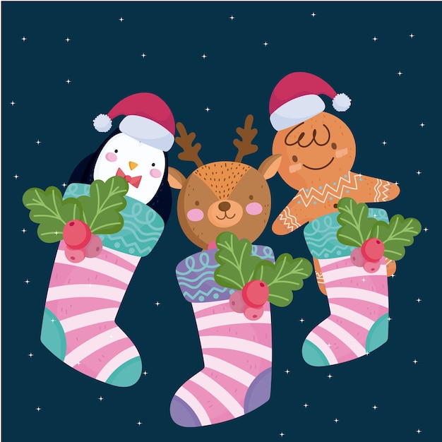 Merry christmas, cute gingerbread man deer and snowman in striped socks  illustration