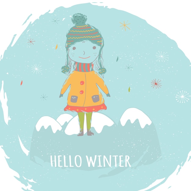 Merry christmas cute greeting card with girl for presents. hand drawn style of posters for invitation, children room, nursery decor, interior design.