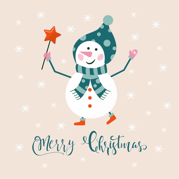 새해 복 많이 받으세요 선물 눈사람과 눈송이와 메리 크리스마스 귀여운 인사말 카드. 초대, 어린이 방, 보육 장식, 인테리어 디자인을 위한 스칸디나비아 스타일의 포스터