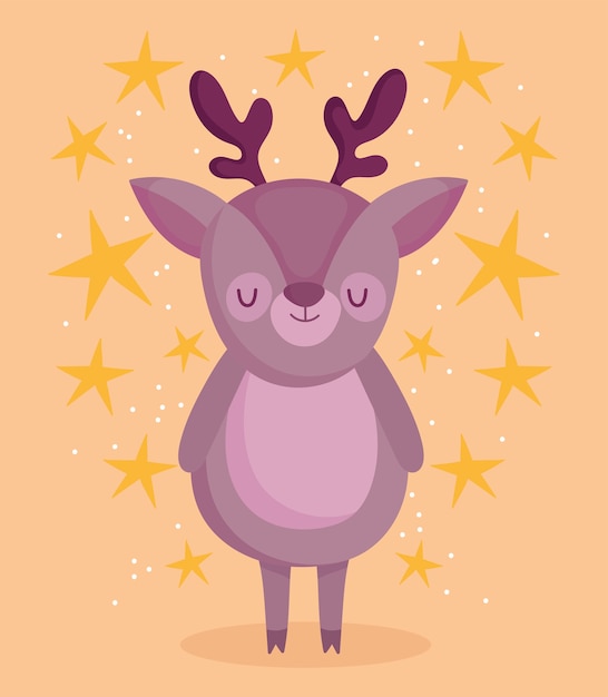 Vector merry christmas, cute little reindeer with golden stars vector illustration