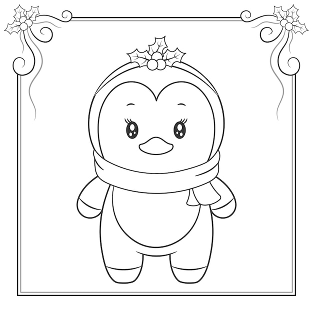 Merry christmas cute penguin drawing sketch for coloring