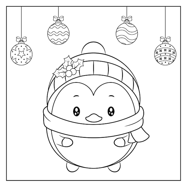 Merry christmas cute penguin drawing with christmas ornaments sketch for coloring