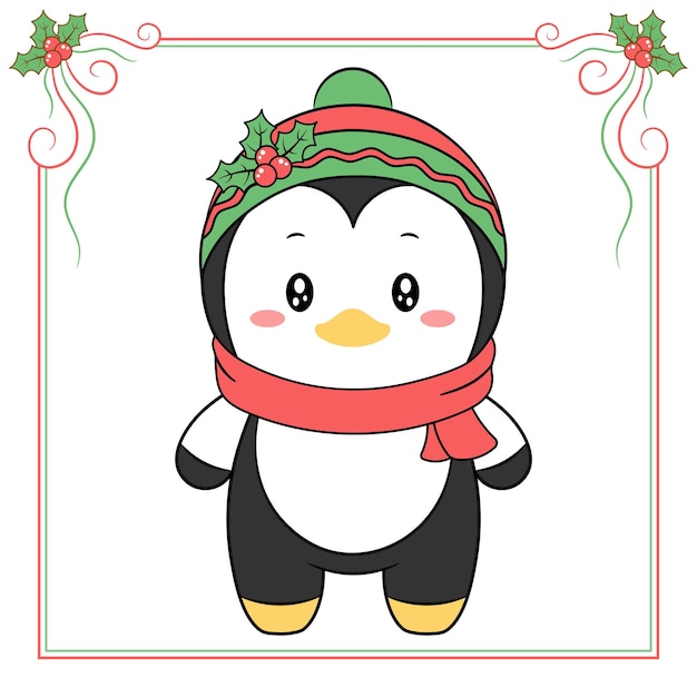 С рождеством христовым милый рисунок пингвина с красным шарфом