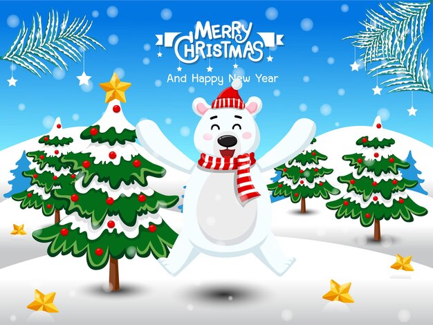 Merry Christmas. Cute Polar Bear with Red Scarf and Red hat in Christmas snow scene winter landscape. decorative element on holiday. Vector illustration.