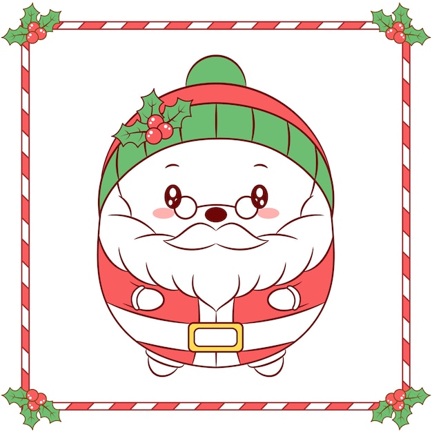 Merry christmas cute santa claus drawing with christmas berry green hat winter season