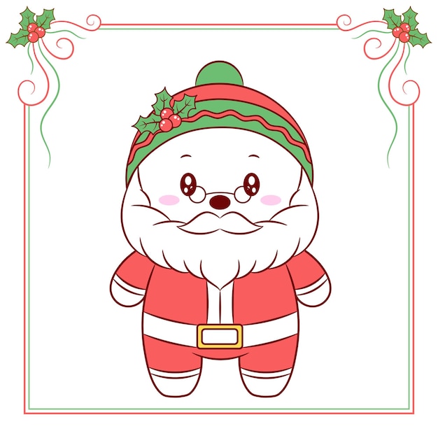 Merry Christmas cute Santa Claus drawing with red berry frame