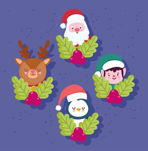 Merry christmas, cute santa deer helper penguin with holly berry decoration vector illustration