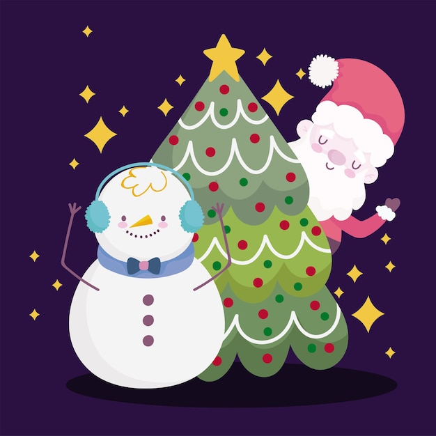 merry christmas, cute santa and snowman with tree decoration illustration