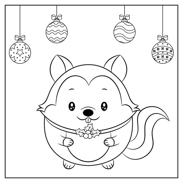 Merry Christmas cute squirrel drawing sketch with ornaments 