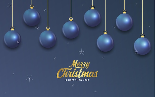 Vettore buon natale banner blu scuro con palline cartolina di natale illustrazione vettoriale