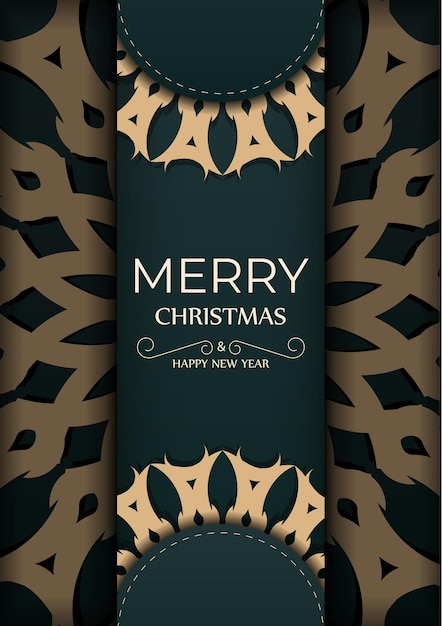 Vector merry christmas dark green flyer with vintage yellow pattern