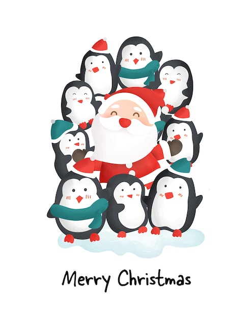 Merry christmas day with cute penguins and santa.
