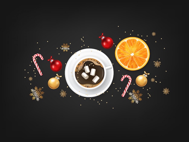 Vettore buon natale, elementi decorativi di design, inverno, sfondo di celebrazione, luci realistiche, caffè e marshmallow, caramelle di natale, palla rossa e arancia