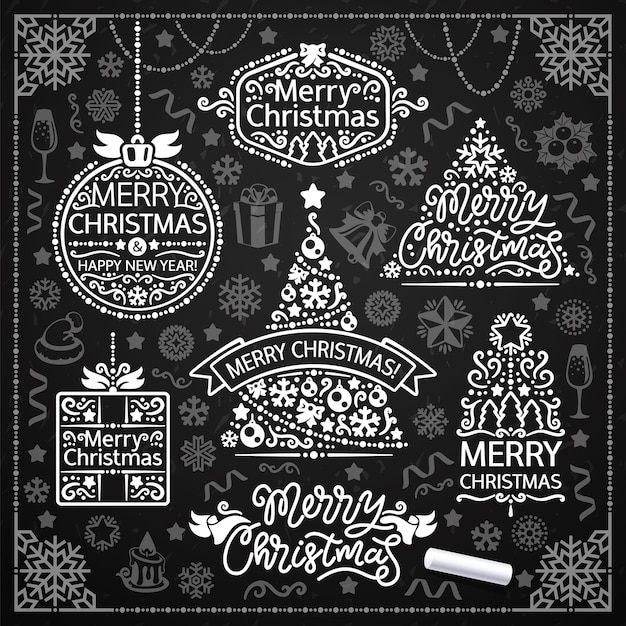 Vector merry christmas design met krijt wordart op blackboard