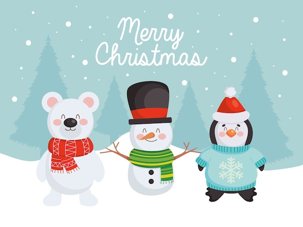 Merry christmas design with cute snowman, bear and penguin over blue background.